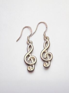 Silver Tone Treble Clef Drop Earrings Music Note Dangle Earrings